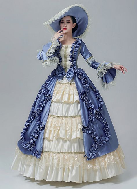 Women Christmas Carnival Masquerade Blue Dress Victorian Reenactment Costumes     Condition: Brand New   Color:Blue   Material: This dress made of High Quality Satins,Lace, soft,smooth and comfortable to wear   Sleeve Length: Long Flare Sleeve   Dresses Length:Floor-Length   Neckline: amp;nbsp; Square Collar   Decoration: Ruffles + Lace   Package Includes: Dress     The length of skirt about 45 inches (114 cm) long from waist to hem regardless of size. This dress is pictured with a 6-hoop skirt British Queen Dress, Victorian Princess Costume, Victorian Hoop Skirt Dress, People In Dresses Reference, Blue Aristocrat Aesthetic, Victorian Ball Gowns Blue, Dresses From 1800s, Long Poofy Dresses, Victorian Royalty Dress