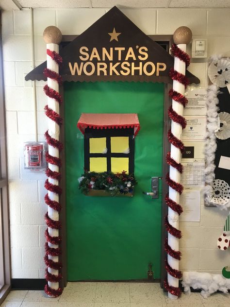 Santa Claus Door Decorations For School, North Pole Cubicle Decorations, Santa’s Workshop Classroom Door, Santa Workshop Door Decorations, Santas Workshop Door Decoration, Santas Workshop Theme Decorations Diy, Santa Workshop Theme Decorations, Santa’s Workshop Theme, Santas Workshop Theme Decorations