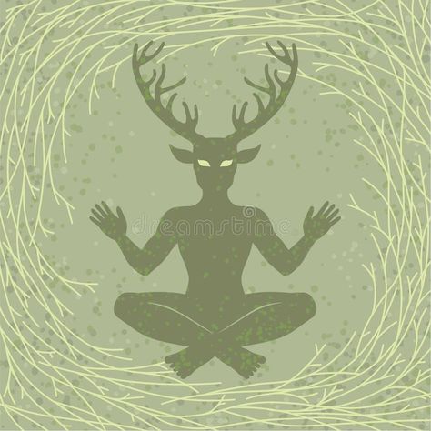 Silhouette of the sitting horned god Cernunnos. Mysticism, esoteric, paganism, occultism. vector illustration Cernunnos Aesthetic, Horned God Art, Cernunnos Tattoo, Pagan Images, Nature Princess, Fawn Costume, Celtic Folklore, The Horned God, Folk Horror