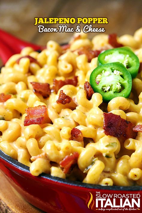 Jalapeño Popper Bacon Mac and Cheese From theslowroasteditalian.com #recipe Mac And Cheese With Bacon, Jalapeno Mac And Cheese, Slow Roasted Italian, Beer Bacon, Bacon Mac And Cheese, The Slow Roasted Italian, Creamy Mac And Cheese, Jalapeno Popper, Food Family