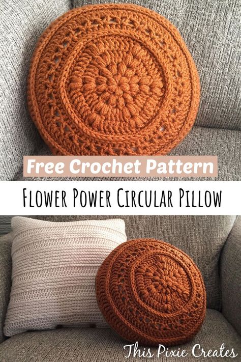 Rust Coloured Circular Crochet Pillow with a Flower Center Crochet Pillow Designs, Vintage Crochet Pillow Patterns, Crochet Circular Pillow, Round Cushion Crochet Pattern, Crochet Circle Projects, Crochet Patterns Modern, Vintage Crochet Projects, Crochet Projects With Brown Yarn, Diy Home Decor Crochet