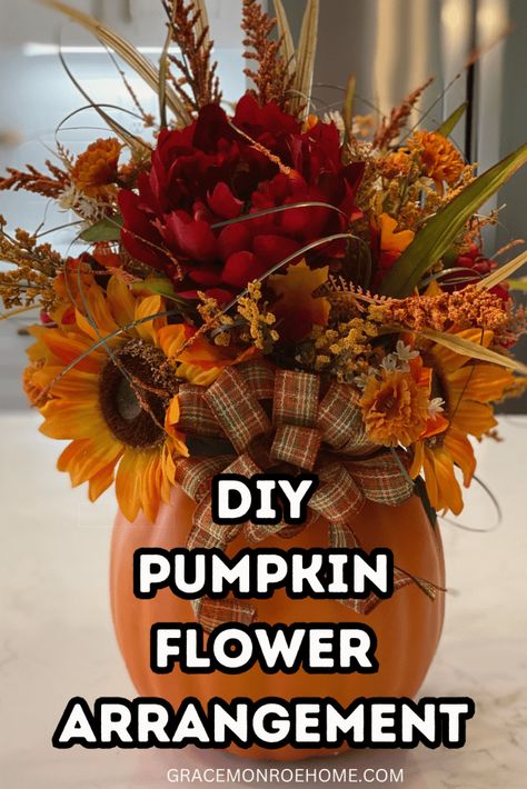 Faux Fall Flower Arrangements Diy, Foam Pumpkin With Flowers, Fake Pumpkin Flower Arrangements, How To Make Fall Floral Arrangements, Diy Fall Floral Centerpieces, Pumpkin Flower Arrangements Diy, Foam Pumpkin Decorating Ideas, Pumpkin Flower Arrangements, Pumpkin Flower Centerpiece