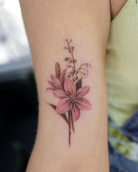 Stargazer Lily Flower Tattoos, Pink Tiger Lily Tattoo, Lily Stargazer Tattoos, Stargazer Lily Tattoo Color, Colorful Lily Tattoo, Colored Lily Tattoo, Lily Color Tattoo, Pink Lilly Tattoo, Lily Of The Valley Tattoo Color