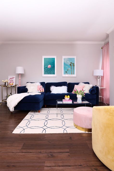 Blue And Pink Living Room, Designing A Room, College Living Rooms, Vibrant Living Room, Colourful Living Room Decor, Living Room Reveal, Bachelorette Pad, Gold Living Room, Pink Living Room