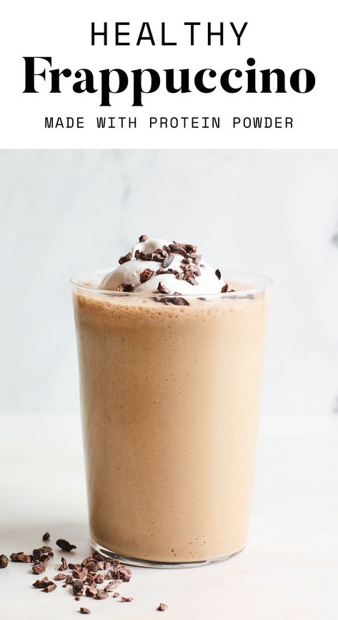 This healthy Frappuccino is made with cold brew coffee, protein powder, cacao powder, dates and almond milk. Cool, creamy, delicious and perfect for breakfast or as a mid-afternoon pick-me-up. Protein Frappucino, Protein Powder Coffee, Healthy Coffee Drinks, Coffee Protein Smoothie, Best Whey Protein Powder, Coffee Recipe Healthy, Mocha Smoothie, Homemade Frappuccino, Frappe Recipe