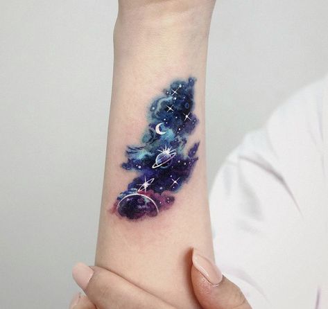 Unique Galaxy Tattoos, Colorful Universe Tattoo, Galaxy Themed Tattoos, Planet And Galaxy Tattoo, Galaxy Cloud Tattoo, Galaxy Neck Tattoo, Galaxy Moon Tattoo, Watercolor Celestial Tattoo, Space Tattoo Cover Up