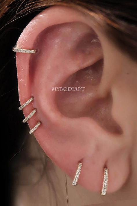 Multiple Hoop Cartilage Helix Ear Piercing Jewelry Ideas for Females Curate Pierced Ears 2020 - www.MyBodiArt.com Constellation Piercings, Ear Piercing Jewelry, Multiple Ear Piercing, Ear Piercings Helix, Cool Ear Piercings, Pretty Ear Piercings, Multiple Ear Piercings, Cute Ear Piercings, Ear Piercings Cartilage