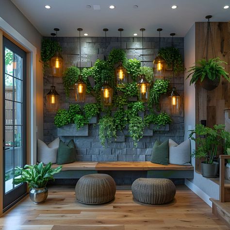 Transform your entryway with a modern and cozy touch featuring a wall of lush greenery. Hang plants alongside chic lighting to illuminate the space. The backdrop of grey stone bricks contrasts beautifully with the warm wooden flooring and bench seating. Green pillows add a pop of color, enhancing the rustic yet contemporary vibe. Ideal for making a welcoming first impression. Biophilic Wall Design, Hanging Plants And Lights, Wall Bench Seating, Green Feature Wall, Modern Entryway Design, Foyer Design Ideas, Foyer Designs, Stone Bricks, Accent Wall Entryway