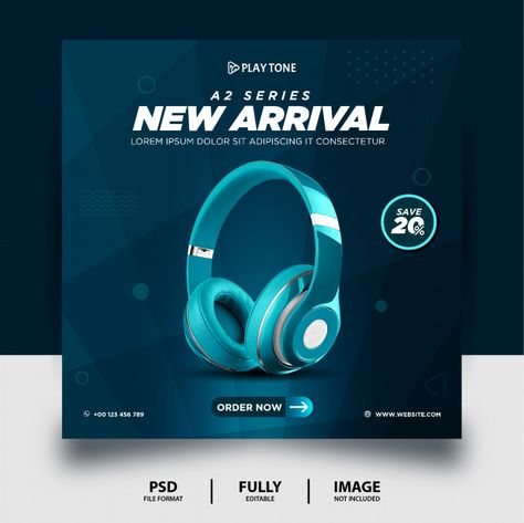 Teal color headphone brand product socia... | Premium Psd #Freepik #psd #banner Product Advertising Design, Product Post, Social Media Advertising Design, Social Design, Instagram Banner, Social Media Poster, Social Media Design Inspiration, Social Media Banner, Social Media Design Graphics