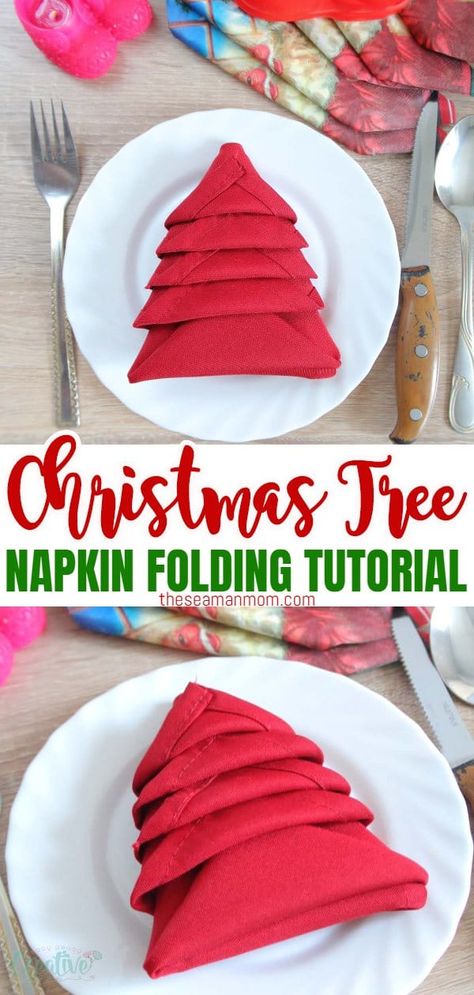 Christmas Napkin Folding Tutorials, Diy Christmas Napkins, Christmas Table Napkins, Creative Napkin Fold, Christmas Tree Napkin Fold, Knives Chau, Napkin Folding Tutorial, Christmas Napkin Folding, Christmas Tree Napkin