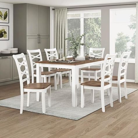 Amazon.com - Lexicon Dining Table Set for 6 with Cross Back Chairs, 7 Piece Farmhouse Kitchen Table Set, Solid Wood Dining Room Table and Chairs Set of 6 for Home, Dining Room, Kitchen, Cherry/White - Table & Chair Sets Dining Table Set For 6, Dining Room Table And Chairs, Farmhouse Kitchen Table, White Kitchen Table, Wood Dining Room Table, Farmhouse Kitchen Tables, Crossback Chairs, Dining Room Table Set, Kitchen Tables