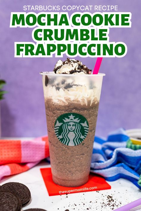 The perfect combo of coffee, milk, cookies, and dark chocolate syrup. Now you can make a Starbucks mocha cookie crumble frappuccino at home! Mocha Cookie Crumble Frappuccino Recipe, Cookie Crumble Frappuccino Recipe, Starbucks Frappe Recipe, Starbucks Mocha Cookie Crumble, Starbucks Oreo Frappuccino, Starbucks Mocha Frappuccino Recipe, Mocha Cookie Crumble Frappuccino, Cookie Crumble Frappuccino, Oreo Frappuccino