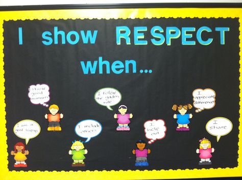 Character education bulletin board--respect. Would be cute to use pictures of actual students. Respect Bulletin Boards, Character Education Bulletin Boards, Respect Activities, Counselor Bulletin Boards, Counseling Bulletin Boards, Creative Bulletin Boards, Show Respect, Daily Five, Values Education