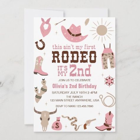 Second Rodeo Western Cowgirl 2Nd Birthday Invitation #zazzle #weddinginvitations #birthdayinvitations #babyshowerinvitations #zazzleinvitations #monogram #businesscards #graduation #homedecor My First Rodeo Girl, Rodeo 2nd Birthday, Cowgirl 2nd Birthday, Birthday Party Cowgirl, Second Rodeo, Cowgirl Invitations, Rodeo Birthday Parties, 2nd Birthday Party For Girl, Rodeo Party