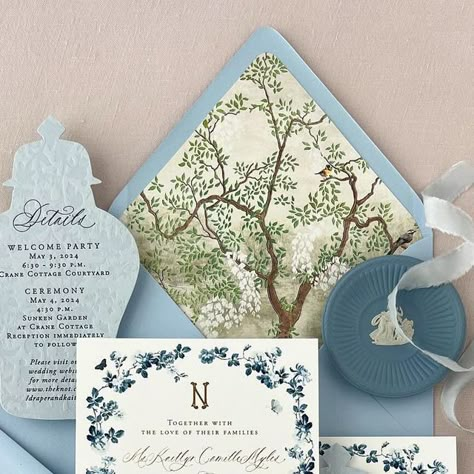 Nicole | Invitation Designer on Instagram: "Classic blues < 💙 > featuring blue and gold foils and a vase details card shape in this chinoiserie inspired suite . . . . #fineartcuration #fineartcalligraphy #weddinginspiration #weddingideas #weddingday #weddingplanner #weddinginspo #weddingphotography #bridetobe #weddingcalligraphy #weddingdetails #marthastewartweddings #weddingstyle #weddingvenue #weddingplanning #southernwedding #luxurypaper #weddingdetail #weddingceremony #weddingdecorations #paperlove #weddingphotographer #luxuryweddingplanner #filmphotography #chinoiserie #weddingpapergoods #destinationwedding #fine art wedding #weddinginvitation #realwedding" Chinoiserie Wedding Invitation, Ginger Jar Wedding, Blue Willow Wedding, Chinoiserie Wedding, Wedding Web, Classic Blues, Blue Chinoiserie, Beach Wedding Invitations, Luxury Wedding Planner