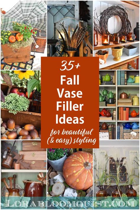 These 35+ Fall vase filler ideas will make your autumn decorating beautiful and easy. From foraged natural materials to purchased vintage and new items, great bowl fillers for Fall decor. Fall Glass Vase Filler Ideas, Glass Jar Filler Ideas, Decorative Vase Filler Ideas, Clear Vase Filler Ideas, Fall Vase Filler Ideas, Christmas Vase Filler Ideas, Glass Vase Filler Ideas, Jar Filler Ideas, Fall Vase Filler