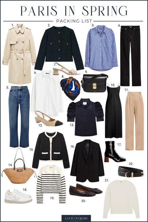 Packing For Paris In Spring + Checklist | La Vie On Grand Spring Fashion Paris, Paris Spring Fashion 2024, Pack For Paris In Spring, Shop Your Closet Outfits, Paris In Spring Outfits, Packing For Paris In Spring, Spring Paris Outfits, Spring Outfits Paris, Paris Capsule Wardrobe