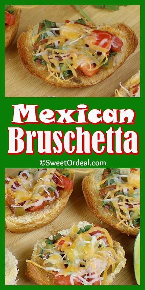 Oh, but how I love Mexican food! A take on an Italian classic, this Mexican Bruschetta is a perfect appetizer to any Mexican meal, or any meal really, it’s that good. It’s easy to make and the bold colors and flavors are a pleasure to present to your family and/or guests. Mexican Night Appetizers, Mexican Canapes Appetizers, Mexican Skewer Appetizer, Mexican Italian Fusion, Easy Mexican Food Recipes Appetizers, Easy Mexican Appetizers Finger Foods, Latin Appetizers For Party, Mexican Finger Food Appetizers, Easy Meals For A Crowd Make Ahead