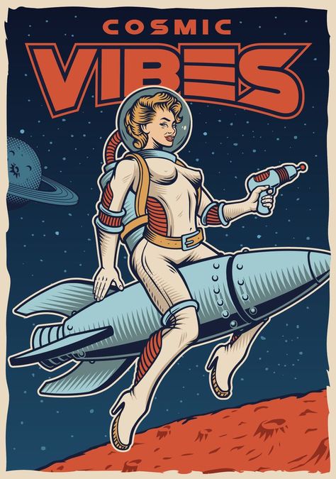 Space Girl Art, Vintage Space Poster, Rocket Art, Space Posters, Space Landscape, Sci Fi Comics, Rocket Girl, Space Rocket, Space Girl