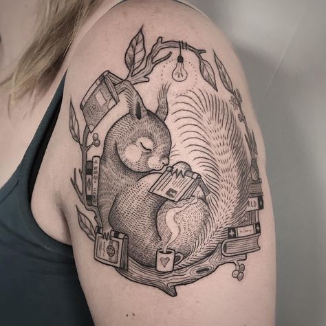 Suflanda on Instagram: “It was such a pleasure drawing this sleepy book-loving squirrel  for and on this lovely lady! Saskia and her husband got tattooed by me in…” Writer Tattoo, Identity Issues, Reading Tattoo, Hedgehog Tattoo, Squirrel Tattoo, Grandma Tattoos, Gothic Tattoos, Baby Tattoo Designs, Inktober 2024