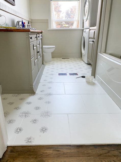 Simple Floor Stencil Patterns, Floor Tile Stencils Bathroom, White Painted Tile Floor, Staggered Tile Floor, Bathroom Floor Stencil Ideas, Floor Stencil Patterns, Paint Tile Floor, Staggered Tile, Painted Tile Floors