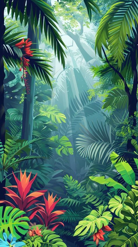 Tropical plant tree vegetation. | Premium Photo Illustration - rawpixel Nature Graffiti Art, Tropical Trees Illustration, Rainforest Moodboard, Rain Forest Illustration, Tropical Forest Painting, Tropical Jungle Illustration, Leaves Iphone Wallpaper, Amazon Background, Space Wall Painting