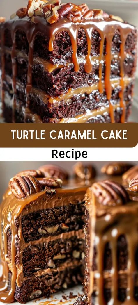 Turtle Caramel Cake Desert Hacks, Turtle Cake Recipe, Caramel Cake Recipe, Baked Desserts, Birthday Cake Decorating Ideas, Caramel Bits, Turtle Cake, Cakes Chocolate, Cake Hacks