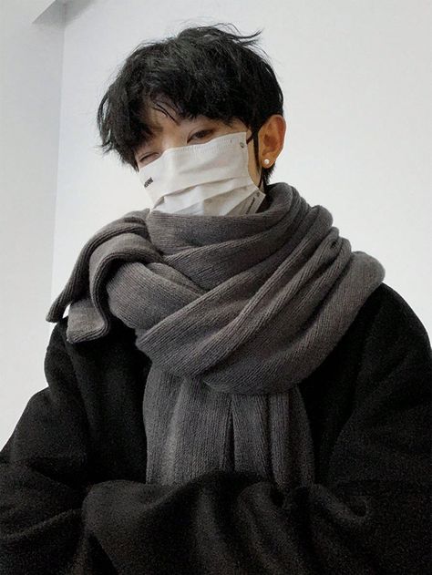 Grey Casual,Classic Collar  Acrylic  Scarf Embellished   Men Accessories Winter Scarf Outfit Men, Japanese Winter Fashion Men, Mens Winter Style Cold Weather, Heavy Winter Outfits, Cozy Outfit Men, Korean Winter Outfits Men, Knit Scarf Men, Scarf Reference, Winter Clothing Men