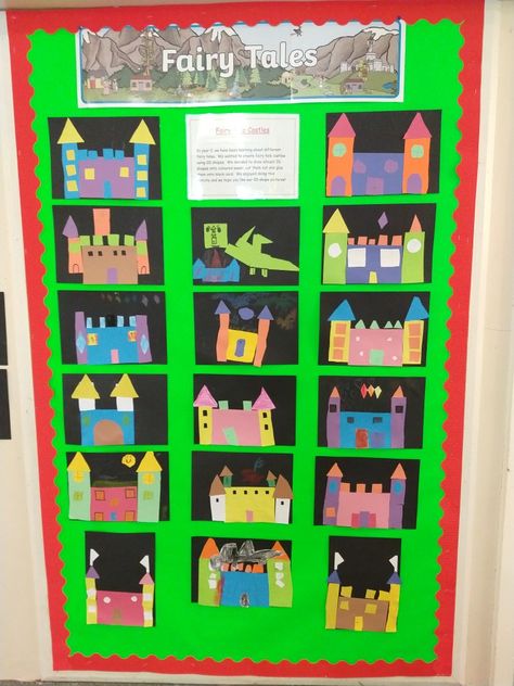 2D shape fairy tale castles In My Imagination Prek Theme, Fairytale Arts And Crafts, Shape Castles Preschool, Eyfs Fairy Tale Activities, Fairy Tale Unit Kindergarten, Fairy Tale Ideas For Preschool, Fairy Tale Literacy Activities Preschool, Preschool Fairy Tale Theme, Fairy Tale Dramatic Play Preschool