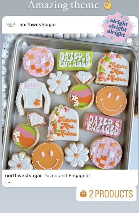 Dazed And Engaged Cookies, Retro Bachelorette Cookies, Groovy Bachelorette Cookies, Last Disco Bachelorette Cookies, Disco Bachelorette Cookies, Disco Cowgirl Bachelorette Cookies, Bach Cookies, Bachelorette Food, Disco Ideas