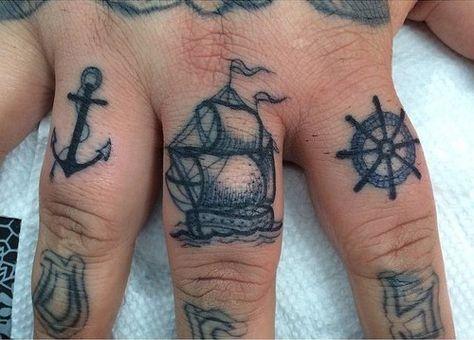 I love these! Don't think I could do hand tattoos though... Too hard to cover....(>> hey tattoos aren't meant to be covered!) Small Anchor Tattoos, Sailor Tattoos, Anchor Tattoo Design, Pirate Tattoo, Finger Tats, Knuckle Tattoos, Anchor Tattoos, Muster Tattoos, Nautical Tattoo