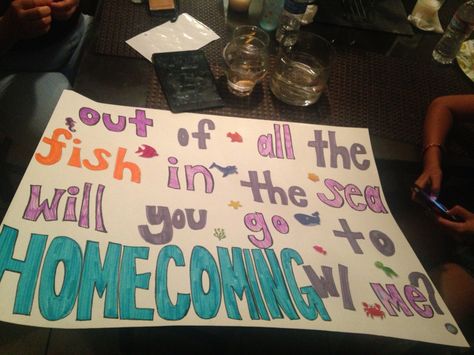 Homecoming proposal!  Out of all the fish in the sea, will you go to homecoming with me?  It came with a fish bowl. Many small grey fish and an exotic colored one! Baseball Promposal, Sadie Hawkins Proposals, Sadies Proposal, Formal Proposals, Funny Prom, Cute Homecoming Proposals, Cute Prom Proposals, Asking To Prom, Homecoming Posters