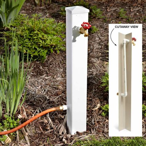 Hose Connection Extender - If you have a hose bib that has become hard to reach due to encroaching shrubs or other obstructions, here's a way to bring the water source out into the open. Run plastic pipe inside a PVC fence post and attach a hose bib and a nipple. Run a short piece of garden hose from the existing connection to the nipple, and the water supply will be right where you need it. To keep the post stable, run some threaded rod crosswise through the bottom of the post, dig a shallo... Pvc Fence, Yard Project, Have Inspiration, Lawn And Garden, Outdoor Projects, Garden And Yard, Garden Hose, Backyard Garden, Garden Projects