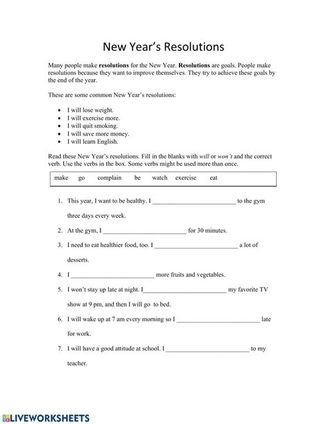 New year's resolutions Interactive worksheet New Year Resolution Worksheet, New Year Resolution Essay, Review Essay, New Years Resolutions, New Year's Resolution, New Year New Me, New Year's Resolutions, Year Resolutions, English As A Second Language (esl)