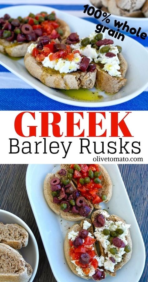 Authentic Greek Barley Rusks – Paximadi Kritiko | Olive Tomato Dakos Recipe, Dakos Greek, Greek Sides, Eating Mediterranean, Mediterranean Bread, Olive Tomato, Rusk Recipe, Mediterranean Cooking, Med Diet