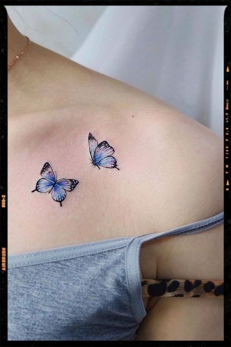 Butterfly Tattoo Collarbone, Butterfly Tattoo Collar Bone, Butterfly Collar Bone Tattoo, Butterfly With Flowers Tattoo, Blue Butterfly Tattoo, App Filter, Inspiration Tattoo, Airbrush App, Random Image