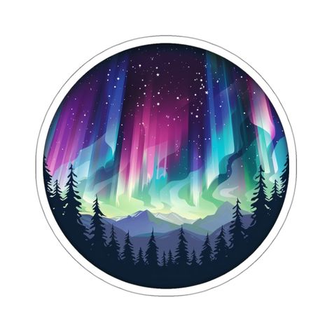 Capture the magic of the Alaskan wilderness with this stunning Northern Lights sticker. This piece brings the enchanting aurora borealis right to your fingertips, surrounded by a serene landscape of towering mountains and dense forests, all under a star-filled night sky. The vibrant neon greens, purples, and blues pop against the white background, creating a mesmerizing scene that's hard to look away from.  Crafted with care, this sticker is made from 100% vinyl with a stylish glossy finish, ens Aurora Borealis Graphic Design, Lights Tattoo, Northern Lights Tattoo, Random Reference, Alaskan Wilderness, Diy Landscape, Key Tattoo, Native American Beadwork Patterns, Aurora Borealis Northern Lights