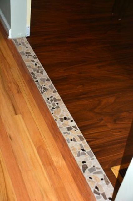 Accent tile transition between the hardwood in the dining room and the vinyl planking in the kitchen Tile Transition, Transition Flooring, Hardwood Floor Colors, Dining Room Floor, Dining Room Remodel, Wood Floors Wide Plank, Border Tiles, Casa Country, Accent Tile