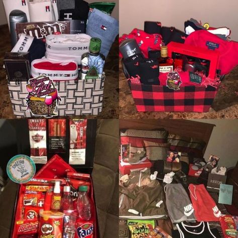 Birthday Gifts For Boyfriend Diy Baskets, Boys Vday Basket, Vday Gift Basket For Him, Mens Valentines Basket Ideas, Valentines Gift Baskets For Boyfriend, Valentine Day Baskets Ideas For Him, Stuff To Get Your Bf For Valentines Day, Bae Baskets Valentines For Him, Boy Best Friend Gift Ideas