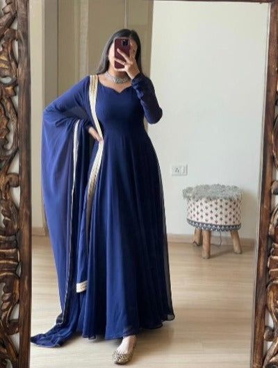 Navy Blue Anarkali, Kurti With Dupatta, Kurti Dupatta, Blue Anarkali, Trendy Outfits Indian, Georgette Anarkali, Gown With Dupatta, Anarkali Dress Pattern, Long Kurti