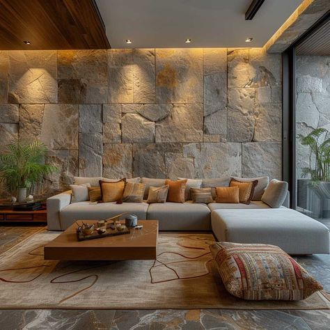 Accentuate Your Living Room with Premium Stone Wall Cladding • 333+ Images • [ArtFacade] Wall Of Stone Living Room, Long Wall Interior Design, Wall Tile Design For Living Room, Living Room Designs Stone Wall, Stone Cladding Living Room, Stone Wall Panels Interiors, Stone House Living Room, Stone Wall In Living Room, Stone Wall Bedroom Ideas