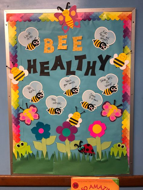 School Nurse Summer Bulletin Board Ideas, School Health Bulletin Boards Nurses, School Nurse Board Ideas, Pharmacy Bulletin Board Ideas, Healthy Board Ideas, Spring Nurse Bulletin Boards, Health Department Bulletin Board, Pediatric Bulletin Board Ideas, Nutrition Bulletin Board Ideas