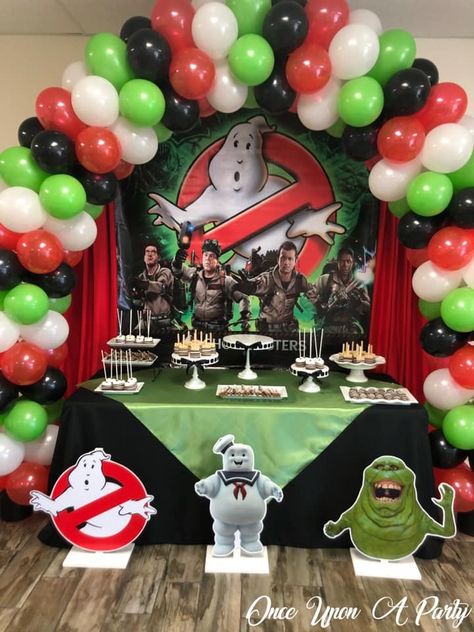 Ghostbusters Party Ideas Decoration, Ghostbusters Balloon Garland, Ghostbusters Theme Party, Ghostbusters Birthday Party Decorations, Ghostbuster Birthday Party, Ghost Buster Birthday Party Ideas, Ghostbuster Birthday, Ghostbuster Party, Ghost Busters Birthday Party