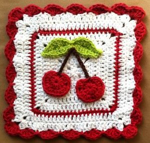 hey! cherry! Cherry Crochet, Crochet Dishcloth, Crochet Potholders, Crochet Kitchen, Crochet Dishcloths, Crochet Square Patterns, Granny Square Crochet Pattern, Square Patterns, Crochet Squares