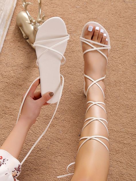 Beige  Collar     Embellished   Women Shoes Barbie Fashion Sketches, Yellow Flats, Women Tie, Chic Shoes, Leg Design, Style Mistakes, Glasses Fashion, Cross Straps, Strappy Sandals