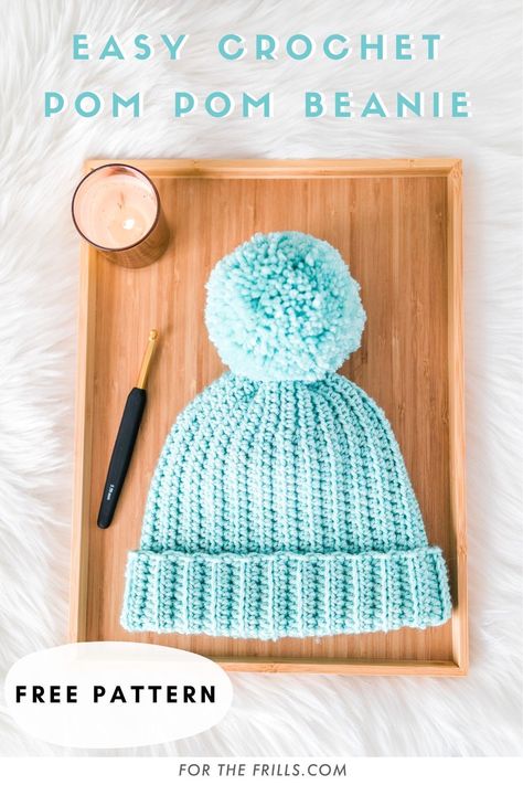 Crochet Beanie With Pom Pom Free Pattern, Crochet Baby Pompom Hat Pattern, Toddler Pom Pom Hat Crochet Pattern, Crochet Pom Beanie, Simple Crochet Kids Hat, Wool Ease Beanie Crochet Pattern, Crochet Hats With Pom Poms, Crochet Pompom Hat, Pom Pom For Beanie