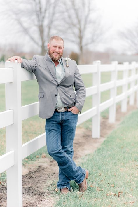 groom | groom outfit | rustic wedding ideas for groom | groom in grey jacket | groom wearing jeans | country chic wedding ideas for groom | shotgun shell boutonniere | iowa wedding photographer | barn wedding photography Grey Jacket And Jeans Groom, Country Groom Jeans, Groom Jean Boots Wedding, Country Groomsmen Attire Jeans Boots, Men’s Wedding Attire With Cowboy Boots, Jeans Cowboy Boots Wedding Guys, Groomsmen Jeans, Country Groom, Country Groomsmen