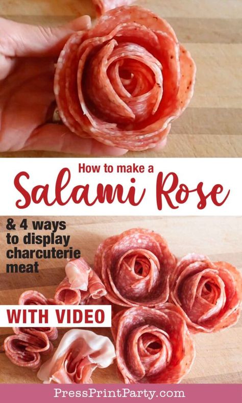 Make a SALAMI ROSE and 4 Easy Ways to Display Charcuterie Meat - How to make a salami Rose. Easy salami roses Are the perfect addition to any charcuterie board and folding your meats in an interesting way really takes your charcuterie plates to the next level. You’ll need about 9 slices of salami and a shot glass. The video will show you not only an easy way to make a salami rose, but also a salami or prosciutto rose bouquet, a salami chain, and a prosciutto fan - Press Print Party! Salami Chain, Prosciutto Rose, Salami Rose, Charcuterie Appetizers, Charcuterie Board Meats, Charcuterie Meats, Charcuterie Plate, Charcuterie Inspiration, Charcuterie Platter