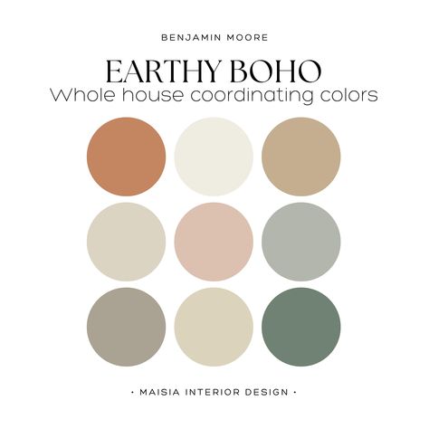 Craft a versatile whole house paint palette with Benjamin Moore's Color Palette, offering the best EARTHY boho color palette for creating a cohesive paint color scheme throughout your home, ideal for capturing the essence of boho living with this boho paint palette idea. These colors have been hand selected by me to create a cohesive Paint Color Scheme that work perfectly together and will give your home a designer touch. Benjamin Moore offers an extensive range of paint colors, each with its di Color Palette Small Spaces, Earthy Boho Colour Palette, What Color Should I Paint My House, Zen Room Colors Colour Palettes, Bohemian Paint Colors Bedroom, Boho Bedroom Color Pallet, Best Earthy Paint Colors, Boho Modern Paint Colors, Industrial Boho Color Palette