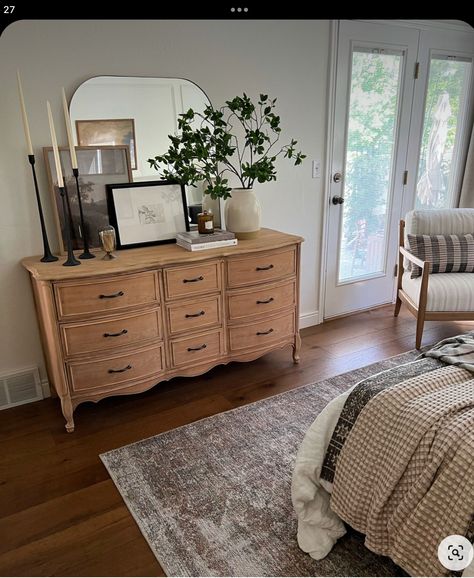 Light Bedroom Furniture Wood, Tall Dresser Styling Bedroom, Moody Bedroom Dresser Decor, Master Bedrooms Decor Antique, Organic Modern Dresser Decor, Bedroom With 2 Dressers, Guest Room Dresser Decor, Bedroom Inspirations Dresser, 2 Dressers In Bedroom